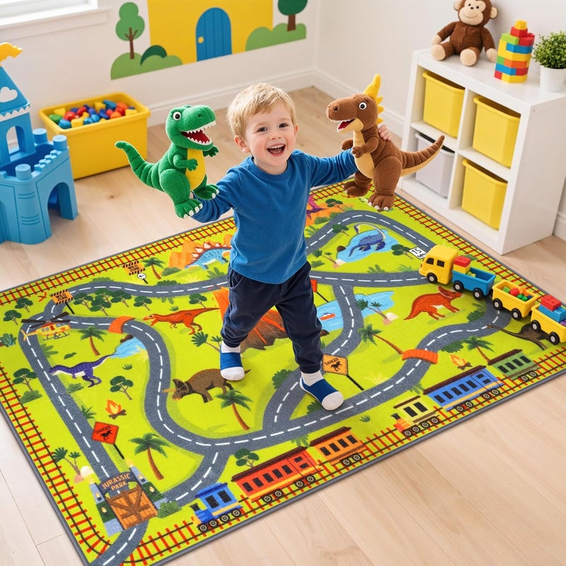 LIVEBOX Jurassic Park Kids Rug with Road Tracks - Dinosaur Themed Play Mat for Toy Cars, Non-Slip and Machine Washable Carpet for Playroom (3x5 FT) - Image 5